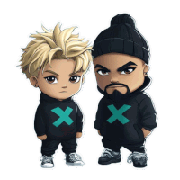 two cartoon characters wearing black hoodies with a blue x on the front