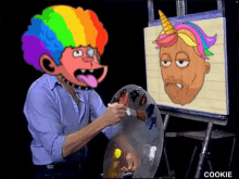 a man with a rainbow wig is painting a picture of a unicorn