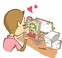 a cartoon of a man holding a picture of a woman in front of a computer