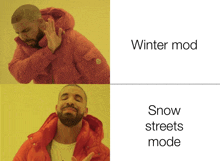 a picture of a man in a red jacket with the words winter mod snow streets mode