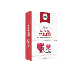 a box of imc aloe mukti tablets with a picture of two hearts and a stethoscope