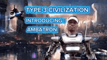 a man in a robot suit is standing in front of a city .