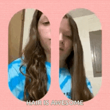 a woman with long hair is wearing a blue tie dye shirt and says `` hair is awesome '' .