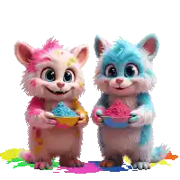 two stuffed animals holding bowls of colored powder