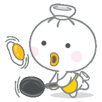 a cartoon character is holding a frying pan with an egg flying in the background