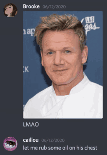 a picture of gordon ramsay is displayed next to a text message from brooke