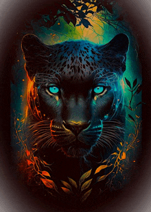 a painting of a panther with blue eyes