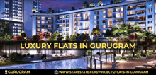 an advertisement for luxury flats in gurugram with a large building