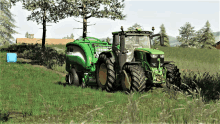 a green john deere tractor is in a field