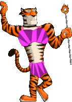 a cartoon of a tiger wearing a pink top and shorts holding a torch