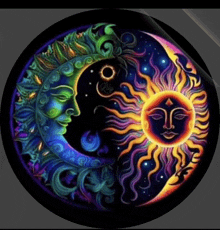 a colorful painting of a crescent moon and the sun