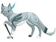 a gray cat with blue eyes and a feather on its head is standing next to a cane .