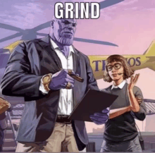 thanos is holding a cigar and a clipboard while standing next to a woman in front of a helicopter that says thanos