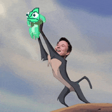 a cartoon drawing of elon musk holding a green chameleon