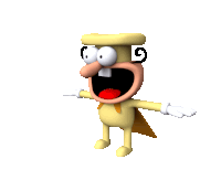 a 3d model of a cartoon character with a yellow cape