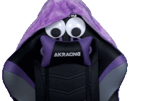 a black and purple akracing gaming chair with purple eyes