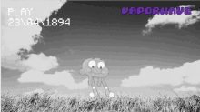 a black and white photo of gumball standing in a field with the date 23/04/1994