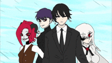 a group of anime characters standing next to each other including a man in a suit