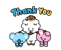 a group of cartoon characters are standing next to each other with the word thank written above them