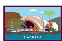 an illustration of magdala with a camel in front of it