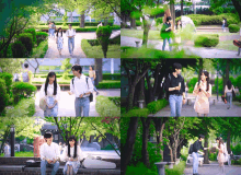 a collage of images shows a man and a woman walking in a park