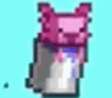 a pixel art of a pink pig drinking milk from a bottle .