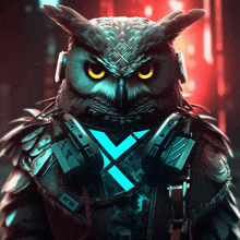 an owl is wearing headphones and a jacket with a blue x on it