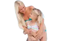 a woman in a bikini holds a little girl in her arms