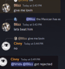 a screenshot of a text message between cinny and blizz