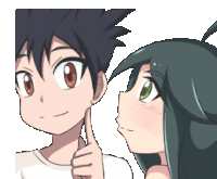 a boy and a girl are looking at each other and the boy is giving a thumbs up