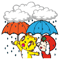 a cartoon illustration of a cat and a girl holding umbrellas in the rain