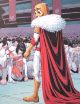 a cartoon of a man in a red cape standing in front of a crowd with the letter u on the banner