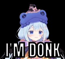 a girl with blue hair is wearing a frog hat and says i 'm dork