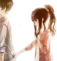 a girl with a ponytail is holding a man 's arm