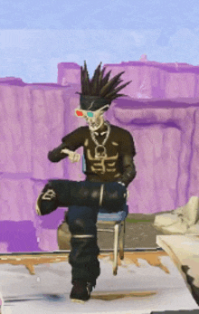 a man with a mohawk is sitting on a chair and pointing at something