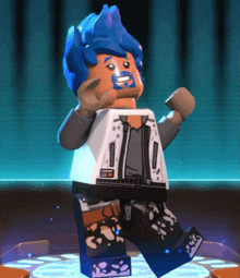 a lego figure with blue hair and a beard is dancing