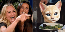 two women laughing next to a picture of a cat on a plate of food