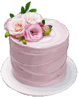 a pink cake with roses on top of it