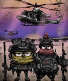 a drawing of spongebob and patrick in military uniforms