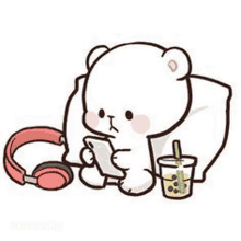 a cartoon of a teddy bear sitting on a bed with headphones and a drink .