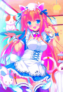 a girl with pink hair and blue eyes is dressed in a maid outfit