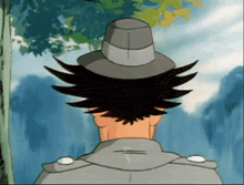 the back of a cartoon character wearing a hat and a jacket