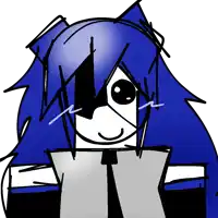 a drawing of a person with blue hair and black eyes
