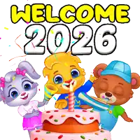 a cartoon of a bear a bunny and a cake with the words welcome 2026