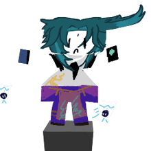 a drawing of a person with blue hair and purple pants standing on a block