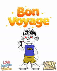 a cartoon of a monkey holding a cell phone with the words bon voyage above him