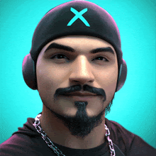 a man with a beard wearing headphones and a beanie with a blue x on it