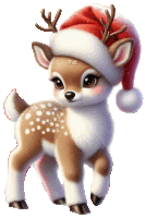 a baby deer wearing a santa hat with the letters a.c. on it