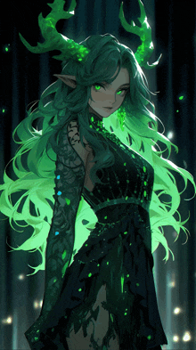 a girl with green hair and horns is standing in a dark room