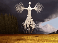 a painting of a tree with a face and long legs
